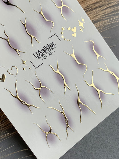 Nail Water Decal CF-304 | Abstract Gold Water Slide Nail Decals | Minimal Lines, Hearts & Stars