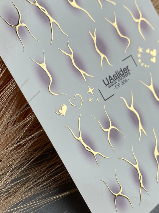 Nail Water Decal CF-304 | Abstract Gold Water Slide Nail Decals | Minimal Lines, Hearts & Stars