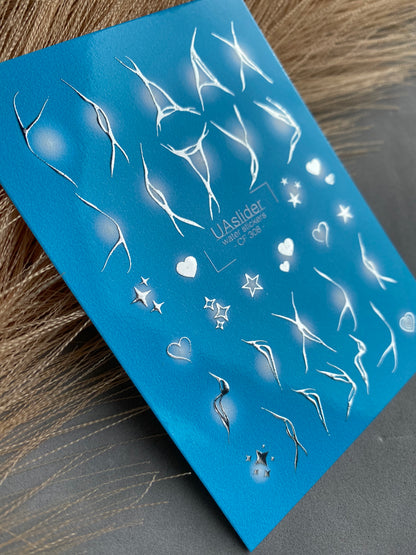Nail Water Decal CF-308 | Abstract Silver Water Slide Nail Decals | Stars, Hearts & White Glow Accents