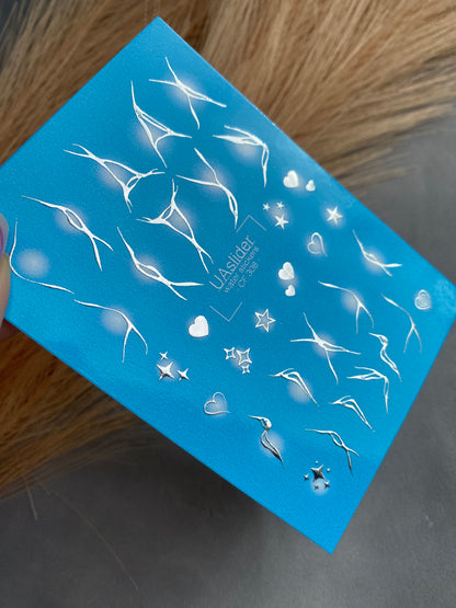 Nail Water Decal CF-308 | Abstract Silver Water Slide Nail Decals | Stars, Hearts & White Glow Accents