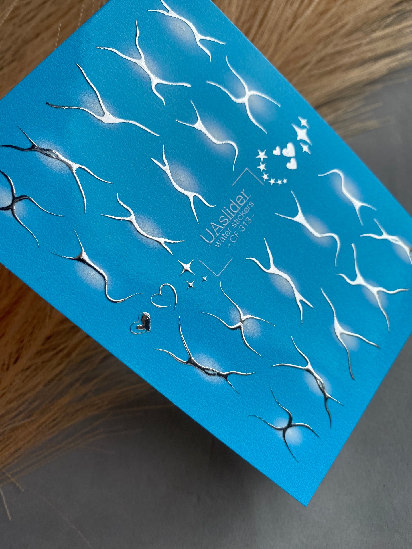 Nail Water Decal CF-313 | Abstract Silver Water Slide Nail Decals | White Glow, Hearts & Stars