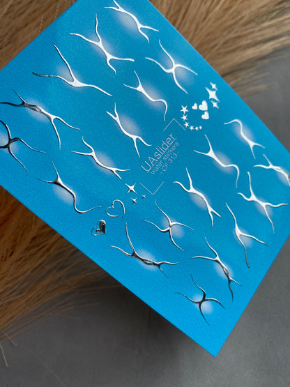 Nail Water Decal CF-313 | Abstract Silver Water Slide Nail Decals | White Glow, Hearts & Stars