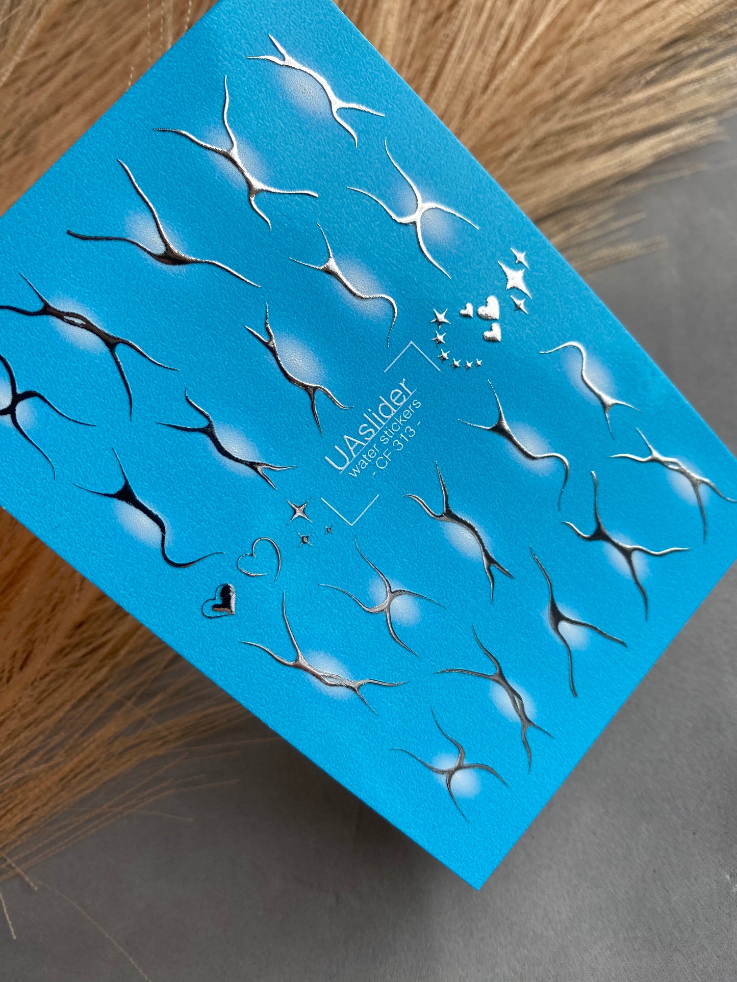 Nail Water Decal CF-313 | Abstract Silver Water Slide Nail Decals | White Glow, Hearts & Stars