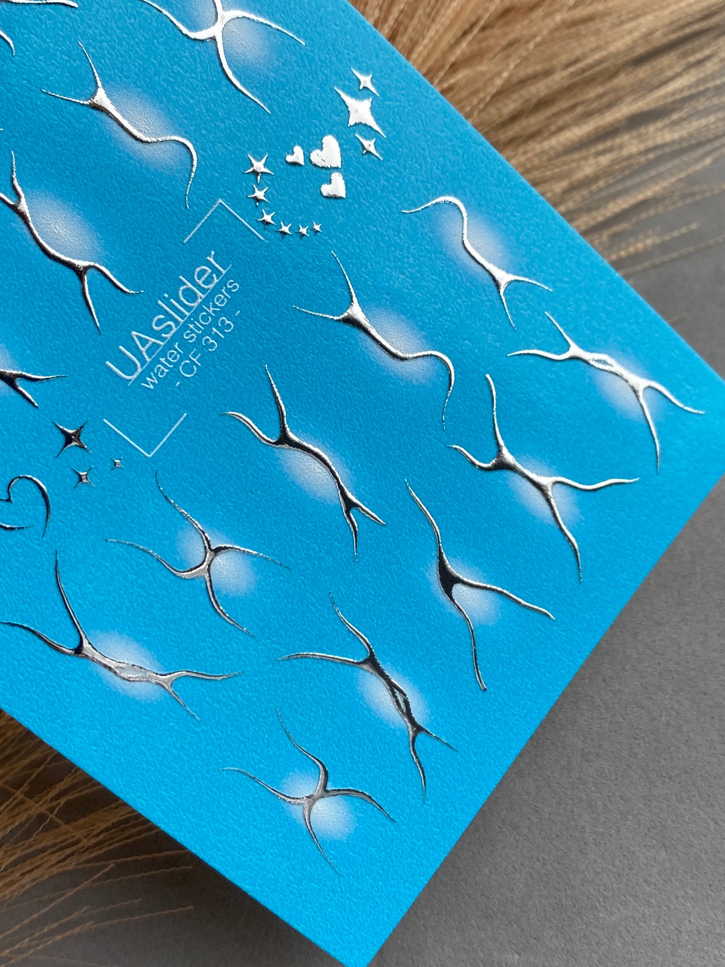 Nail Water Decal CF-313 | Abstract Silver Water Slide Nail Decals | White Glow, Hearts & Stars