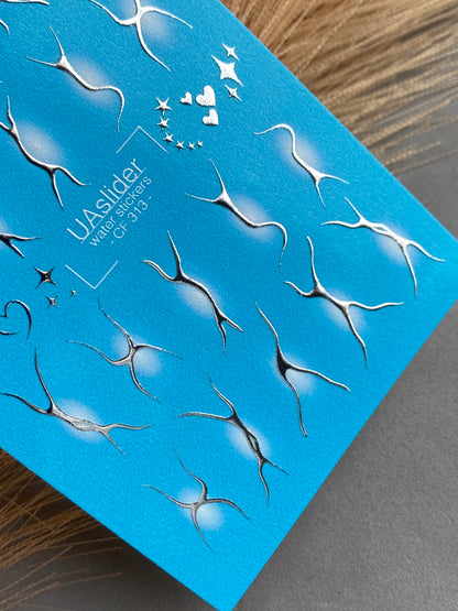 Nail Water Decal CF-313 | Abstract Silver Water Slide Nail Decals | White Glow, Hearts & Stars