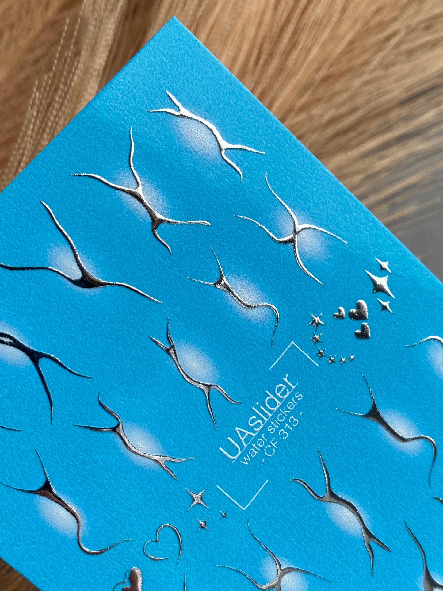 Nail Water Decal CF-313 | Abstract Silver Water Slide Nail Decals | White Glow, Hearts & Stars