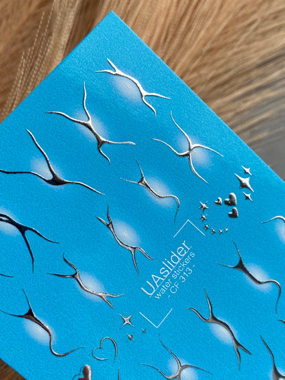 Nail Water Decal CF-313 | Abstract Silver Water Slide Nail Decals | White Glow, Hearts & Stars