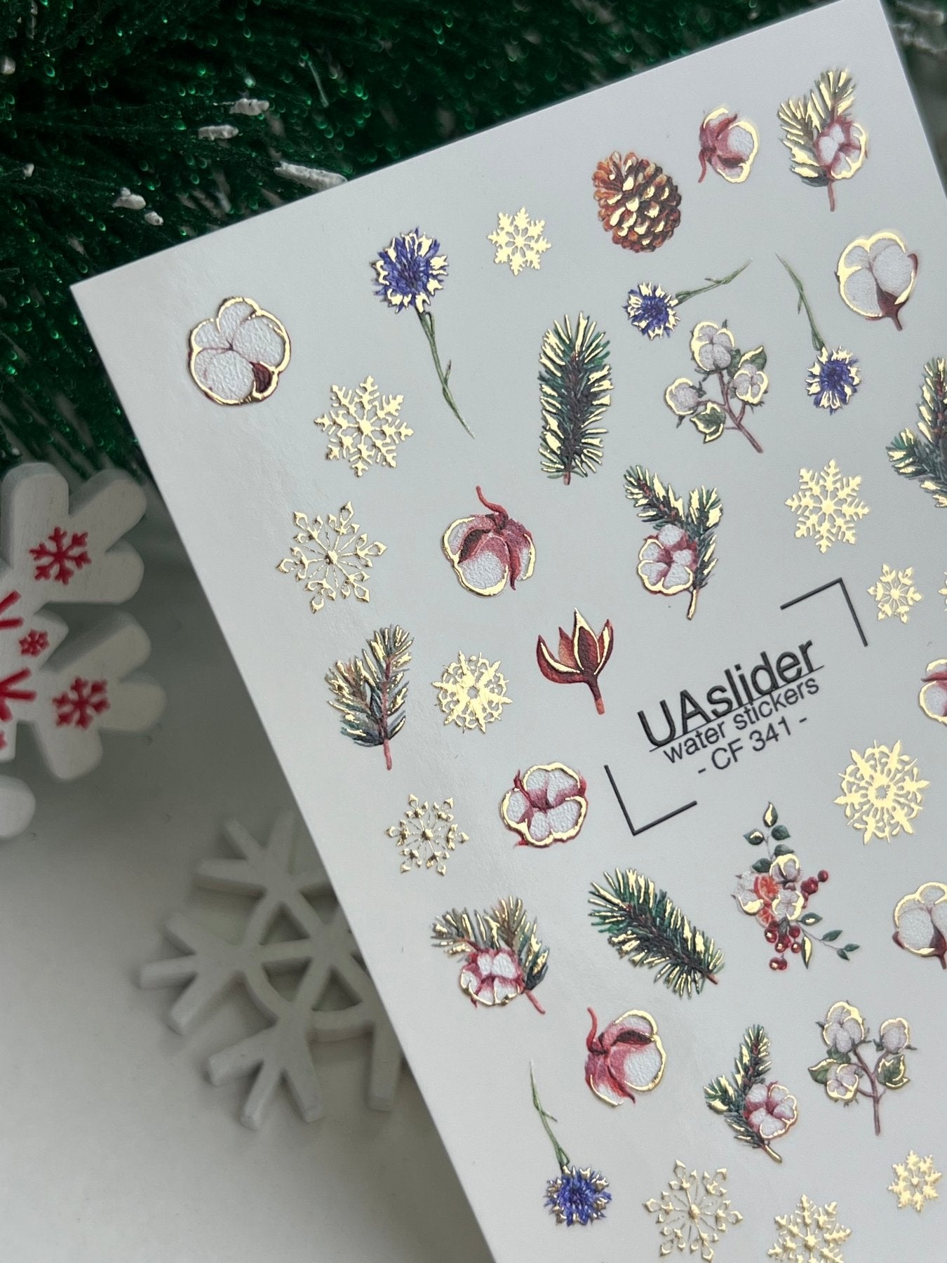 Nail Water Decal CF-341 | Water Slide Nail Decals | Winter Cones, Cotton & Snowflakes - UASLIDER