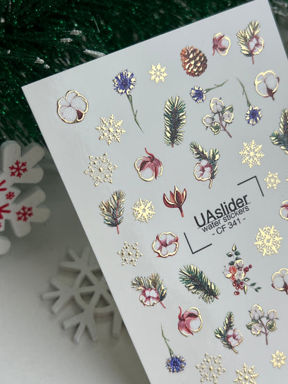 Nail Water Decal CF-341 | Water Slide Nail Decals | Winter Cones, Cotton & Snowflakes