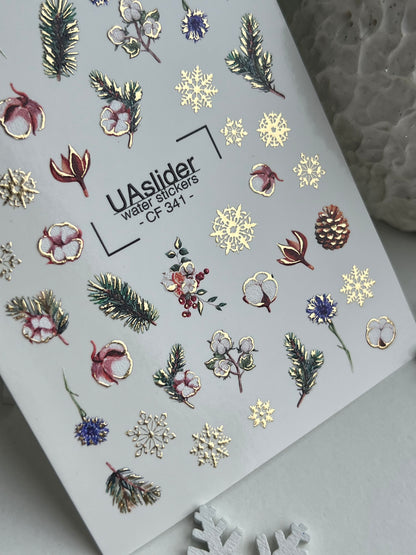 Nail Water Decal CF-341 | Water Slide Nail Decals | Winter Cones, Cotton & Snowflakes