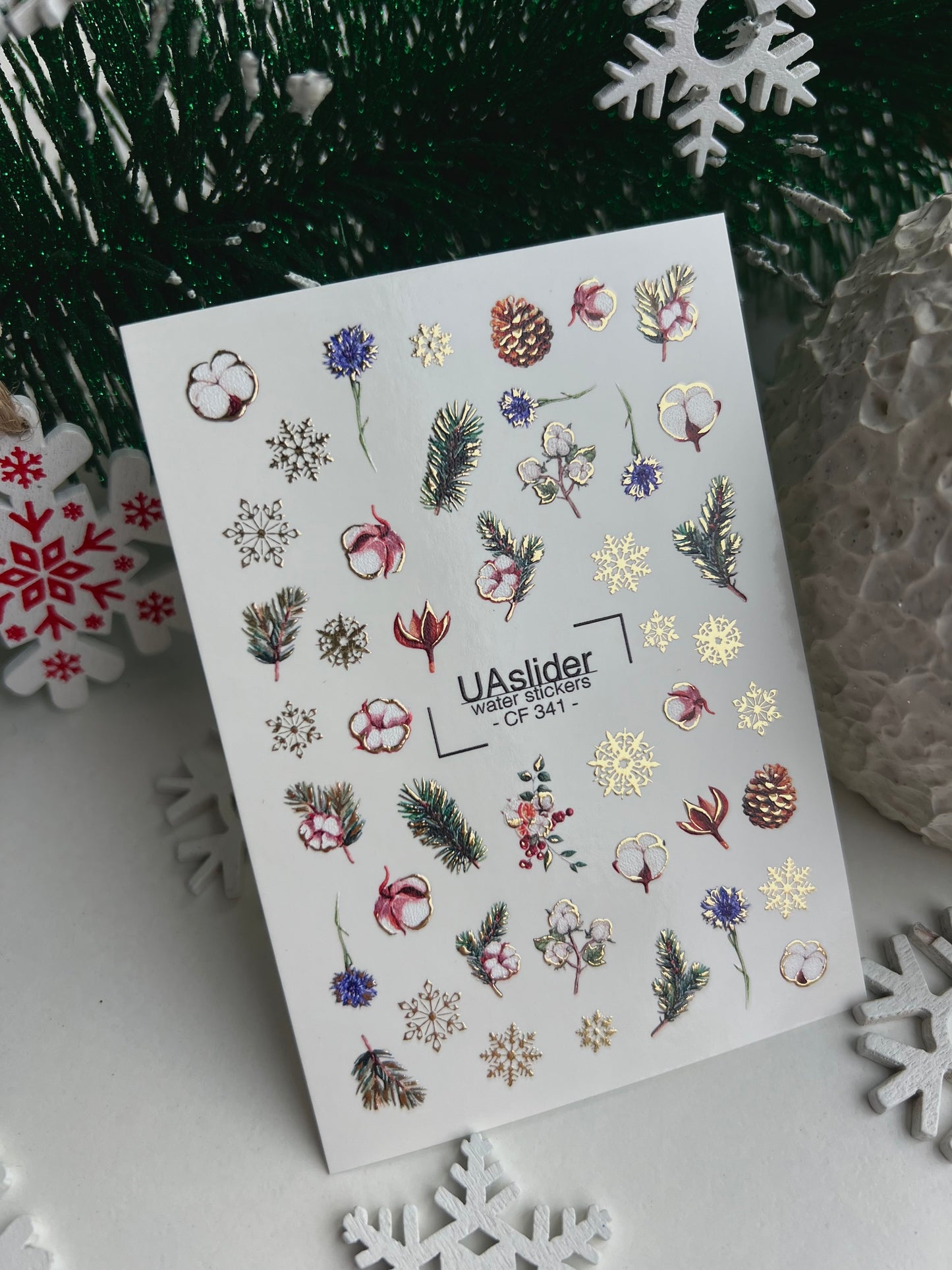 Nail Water Decal CF-341 | Water Slide Nail Decals | Winter Cones, Cotton & Snowflakes