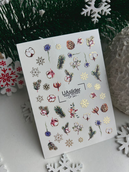 Nail Water Decal CF-341 | Water Slide Nail Decals | Winter Cones, Cotton & Snowflakes