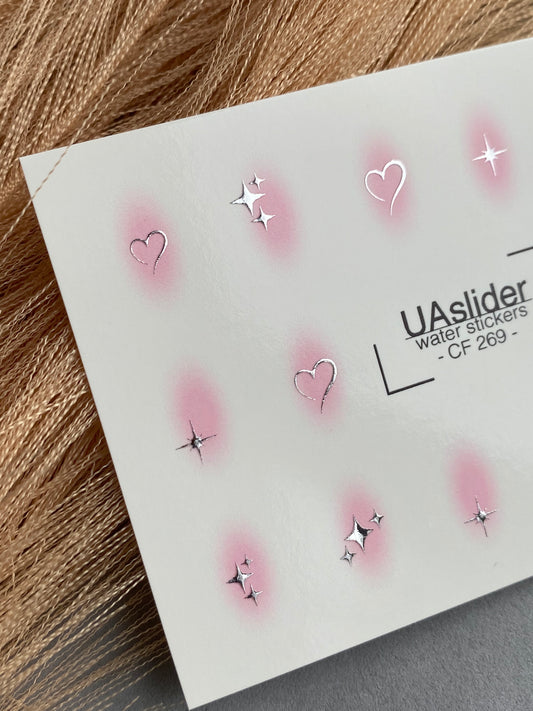 Nail Water Decal CF-269 | Water Slide Nail Decals | Silver Stars & Hearts with Pink Glow