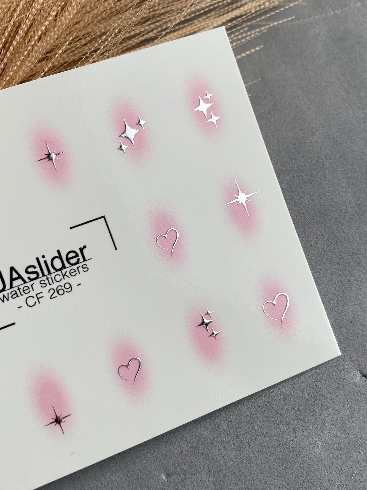 Nail Water Decal CF-269 | Water Slide Nail Decals | Silver Stars & Hearts with Pink Glow