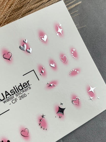 Nail Water Decal CF-269 | Water Slide Nail Decals | Silver Stars & Hearts with Pink Glow