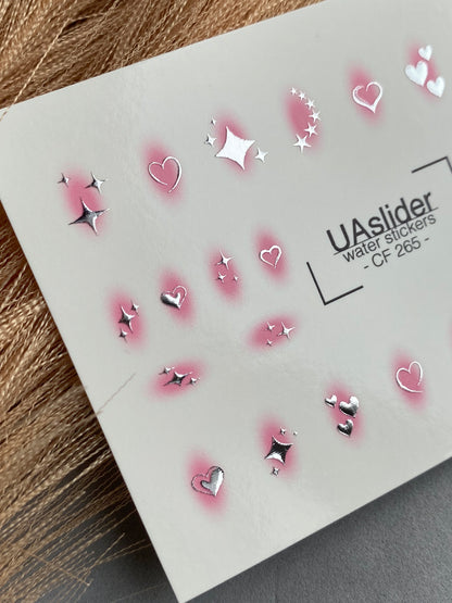 Nail Water Decal CF-269 | Water Slide Nail Decals | Silver Stars & Hearts with Pink Glow