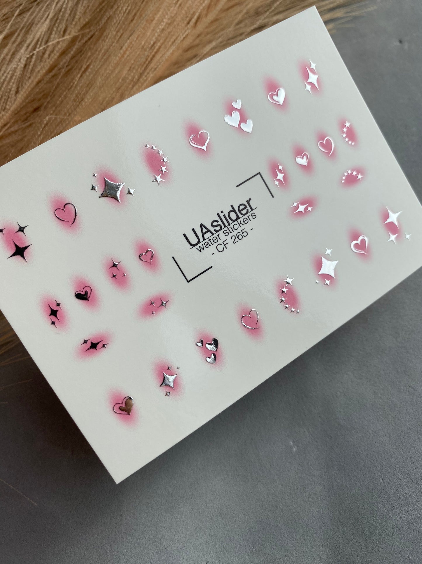 Nail Water Decal CF-265 | Water Slide Nail Decals | Silver Hearts & Stars with Pink Glow