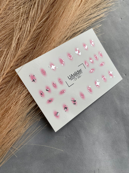 Nail Water Decal CF-265 | Water Slide Nail Decals | Silver Hearts & Stars with Pink Glow