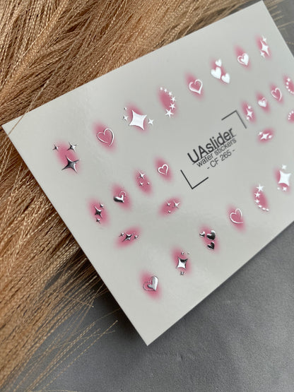 Nail Water Decal CF-265 | Water Slide Nail Decals | Silver Hearts & Stars with Pink Glow