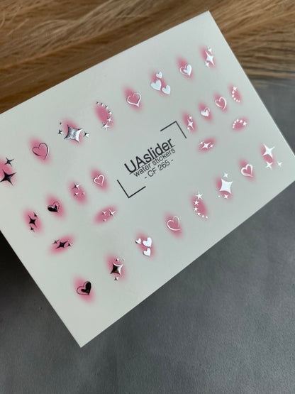 Nail Water Decal CF-265 | Water Slide Nail Decals | Silver Hearts & Stars with Pink Glow