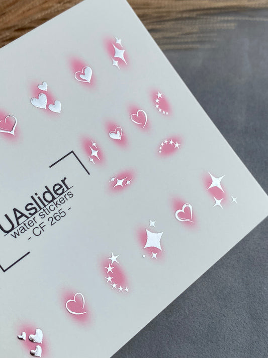 Nail Water Decal CF-265 | Water Slide Nail Decals | Silver Hearts & Stars with Pink Glow