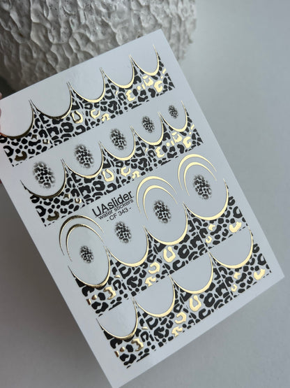 Nail Water Decal CF-343 | Water Slide Nail Decals | Gold Leopard Print French Tips
