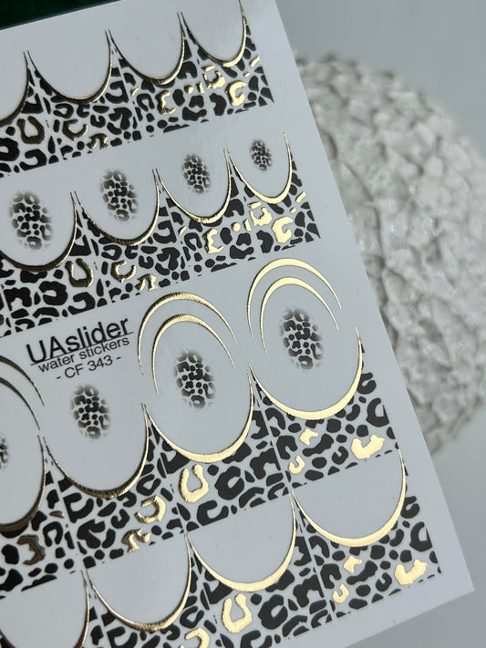 Nail Water Decal CF-343 | Water Slide Nail Decals | Gold Leopard Print French Tips