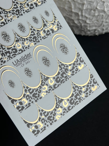 Nail Water Decal CF-343 | Water Slide Nail Decals | Gold Leopard Print French Tips