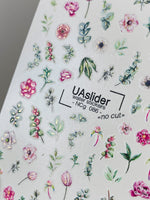 Floral Nail Decals — Pink Garden Flowers, Tulips & Green Branches | NCg-086
