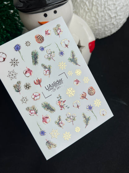 Nail Water Decal CF-341 | Water Slide Nail Decals | Winter Cones, Cotton & Snowflakes