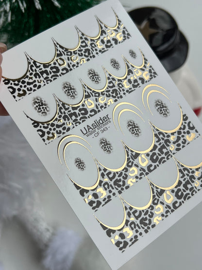 Nail Water Decal CF-343 | Water Slide Nail Decals | Gold Leopard Print French Tips