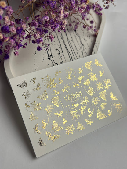 Nail Water Decal Fg-017 | Butterfly Water Slide Nail Decals with Gold Foil | Ornamental Elegant Designs