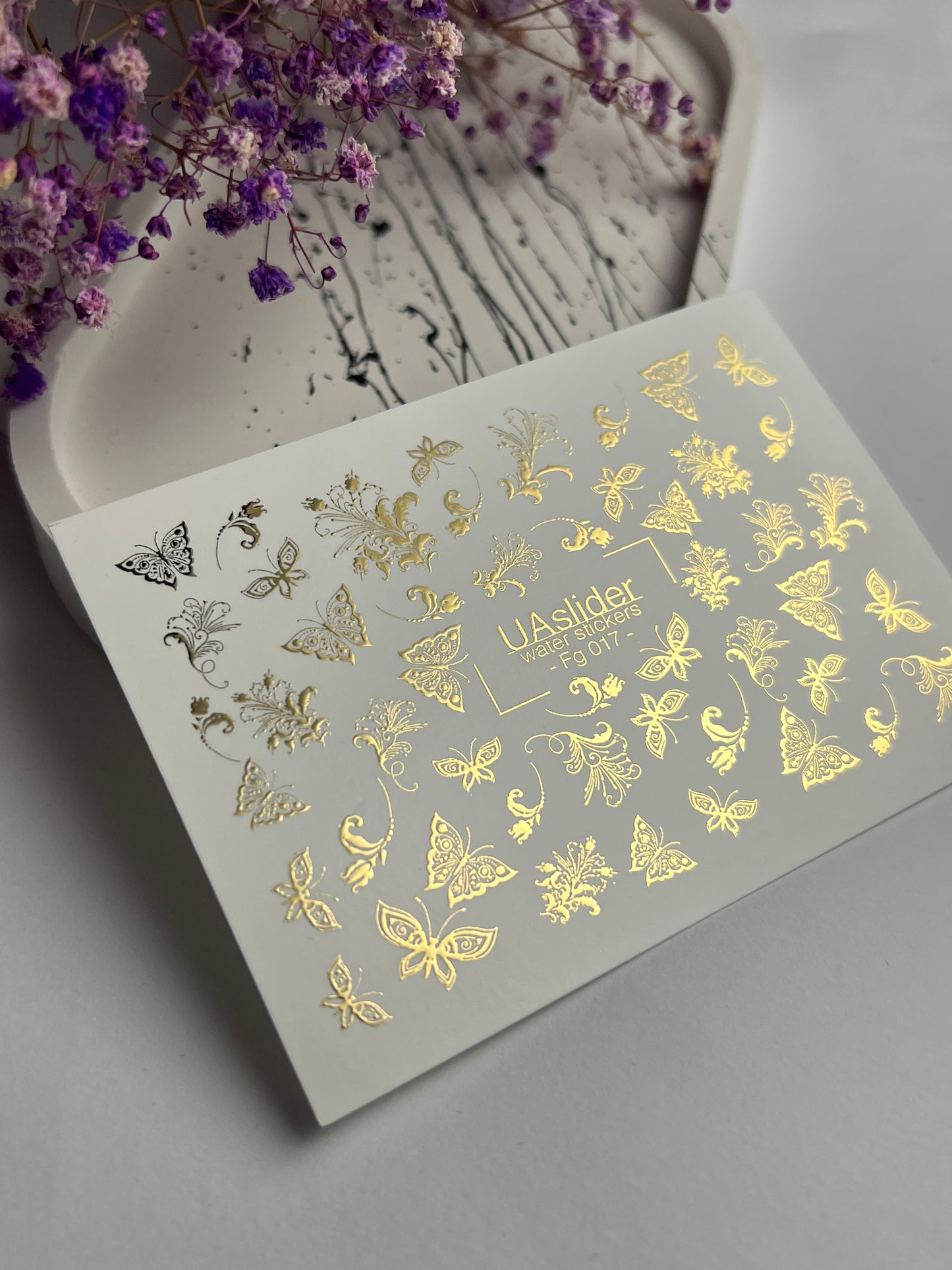 Nail Water Decal Fg-017 | Butterfly Water Slide Nail Decals with Gold Foil | Ornamental Elegant Designs