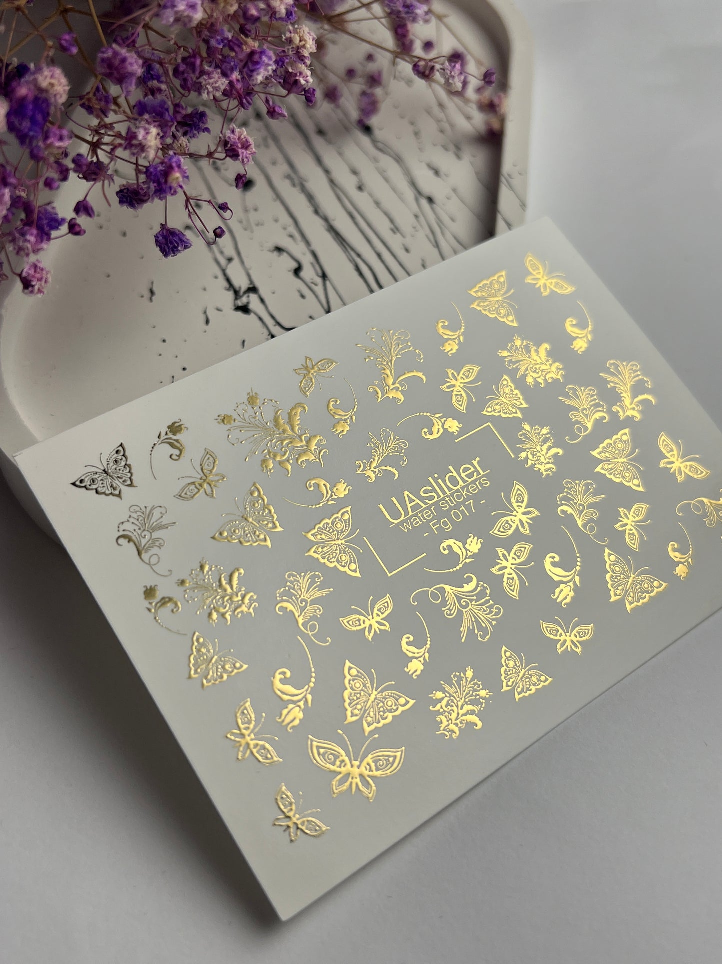 Nail Water Decal Fg-017 | Butterfly Water Slide Nail Decals with Gold Foil | Ornamental Elegant Designs