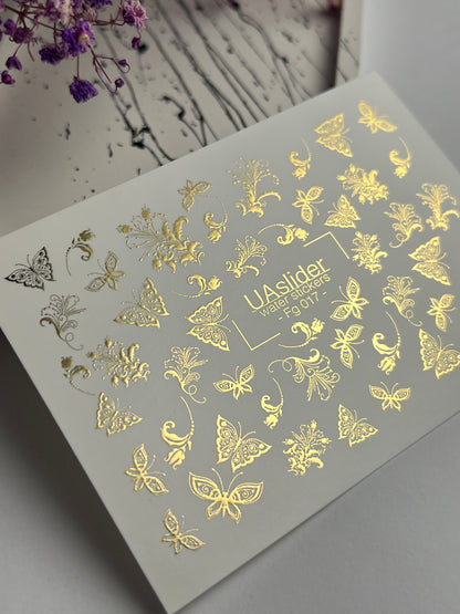 Nail Water Decal Fg-017 | Butterfly Water Slide Nail Decals with Gold Foil | Ornamental Elegant Designs