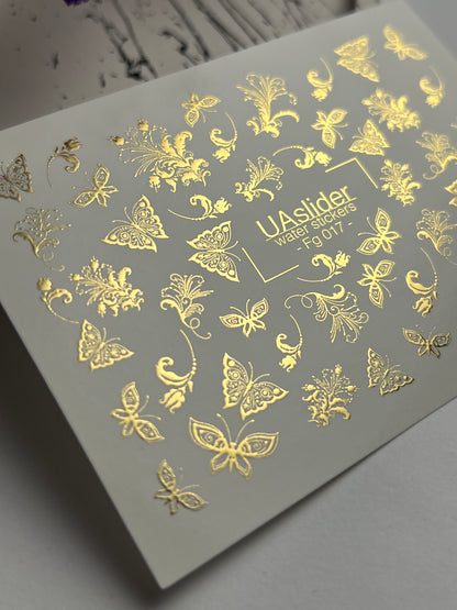 Nail Water Decal Fg-017 | Butterfly Water Slide Nail Decals with Gold Foil | Ornamental Elegant Designs