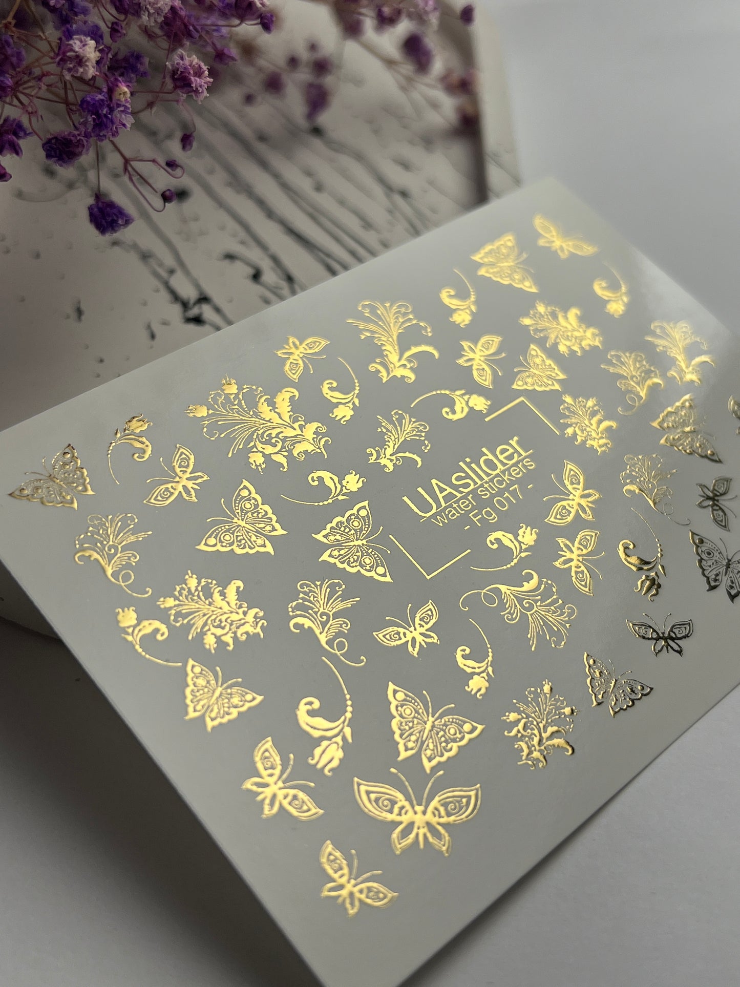 Nail Water Decal Fg-017 | Butterfly Water Slide Nail Decals with Gold Foil | Ornamental Elegant Designs