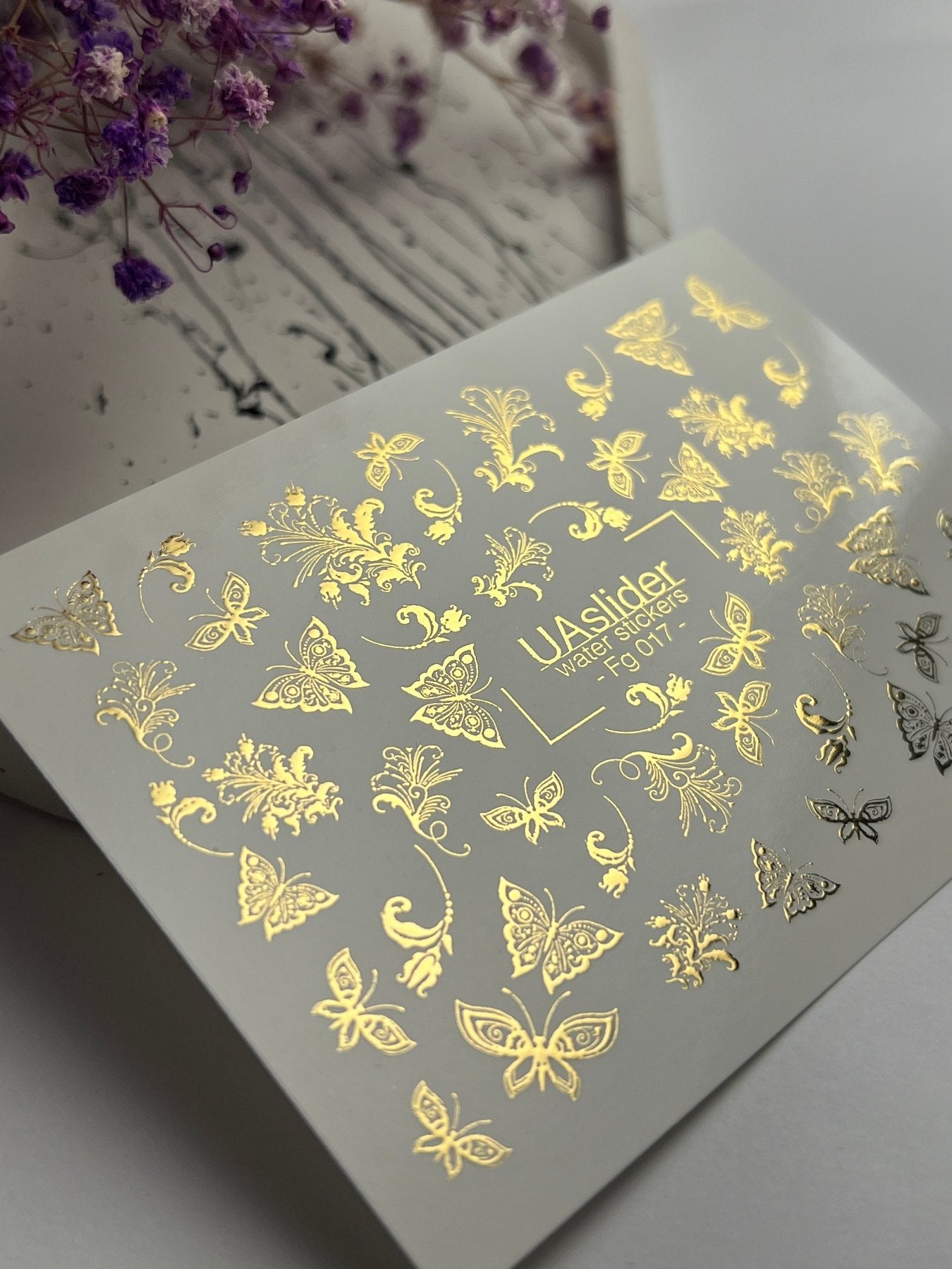 Nail Water Decal Fg-017 | Butterfly Water Slide Nail Decals with Gold Foil | Ornamental Elegant Designs - UASLIDER