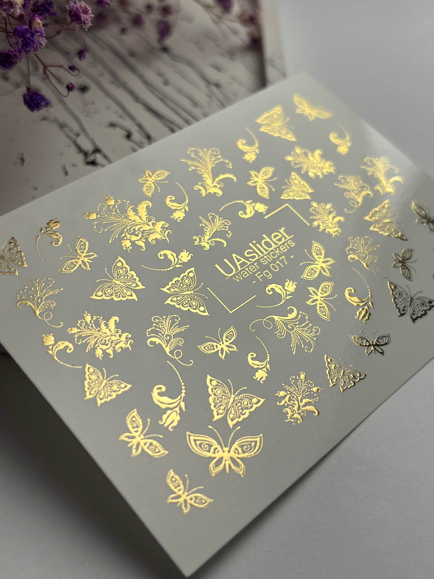 Nail Water Decal Fg-017 | Butterfly Water Slide Nail Decals with Gold Foil | Ornamental Elegant Designs