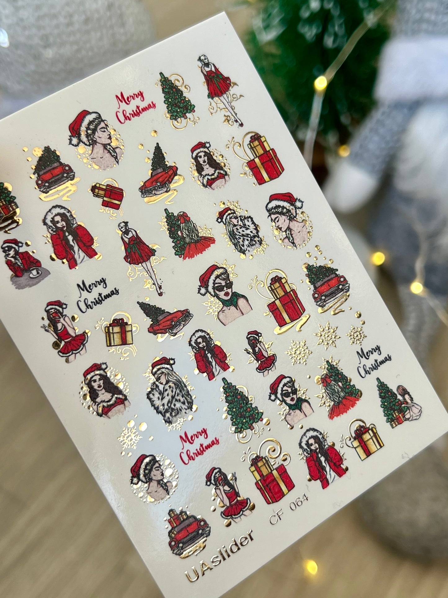 Nail Water Decal CF-064 | Christmas Nail Water Decals | Retro Girl, Santa Hat, Gifts and Holiday Tree