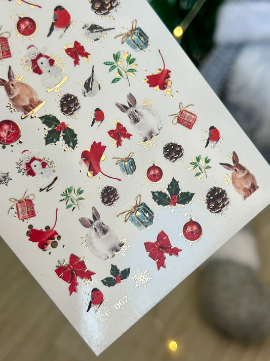 Nail Water Decal CF-062 | Christmas Nail Water Decals | Rabbits, Birds, Pinecones and Holiday Elements