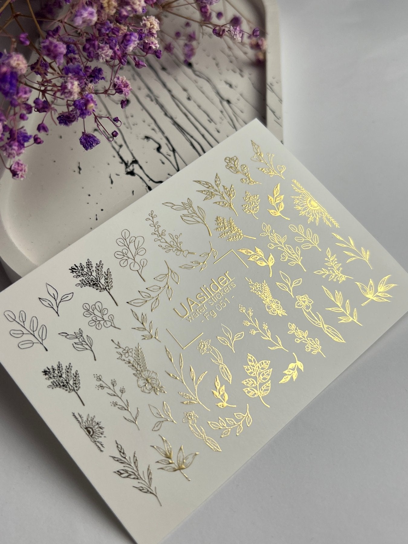 Nail Water Decal Fg-051 | Water Slide Nail Decals Gold Botanical | Floral Branches and Leaves Nail Art - UASLIDER