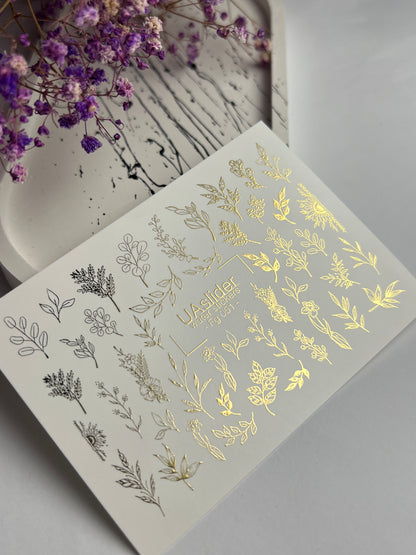 Nail Water Decal Fg-051 | Water Slide Nail Decals Gold Botanical | Floral Branches and Leaves Nail Art