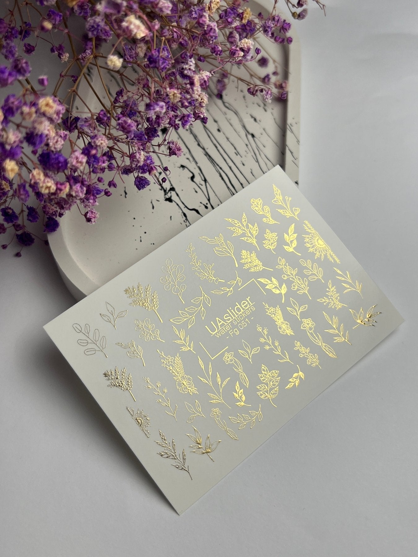 Nail Water Decal Fg-051 | Water Slide Nail Decals Gold Botanical | Floral Branches and Leaves Nail Art - UASLIDER
