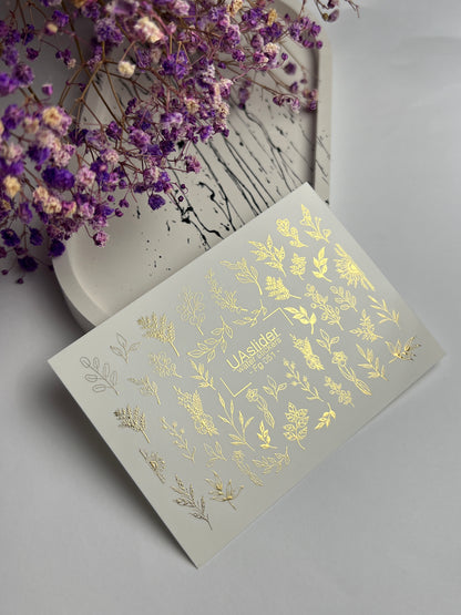Nail Water Decal Fg-051 | Water Slide Nail Decals Gold Botanical | Floral Branches and Leaves Nail Art