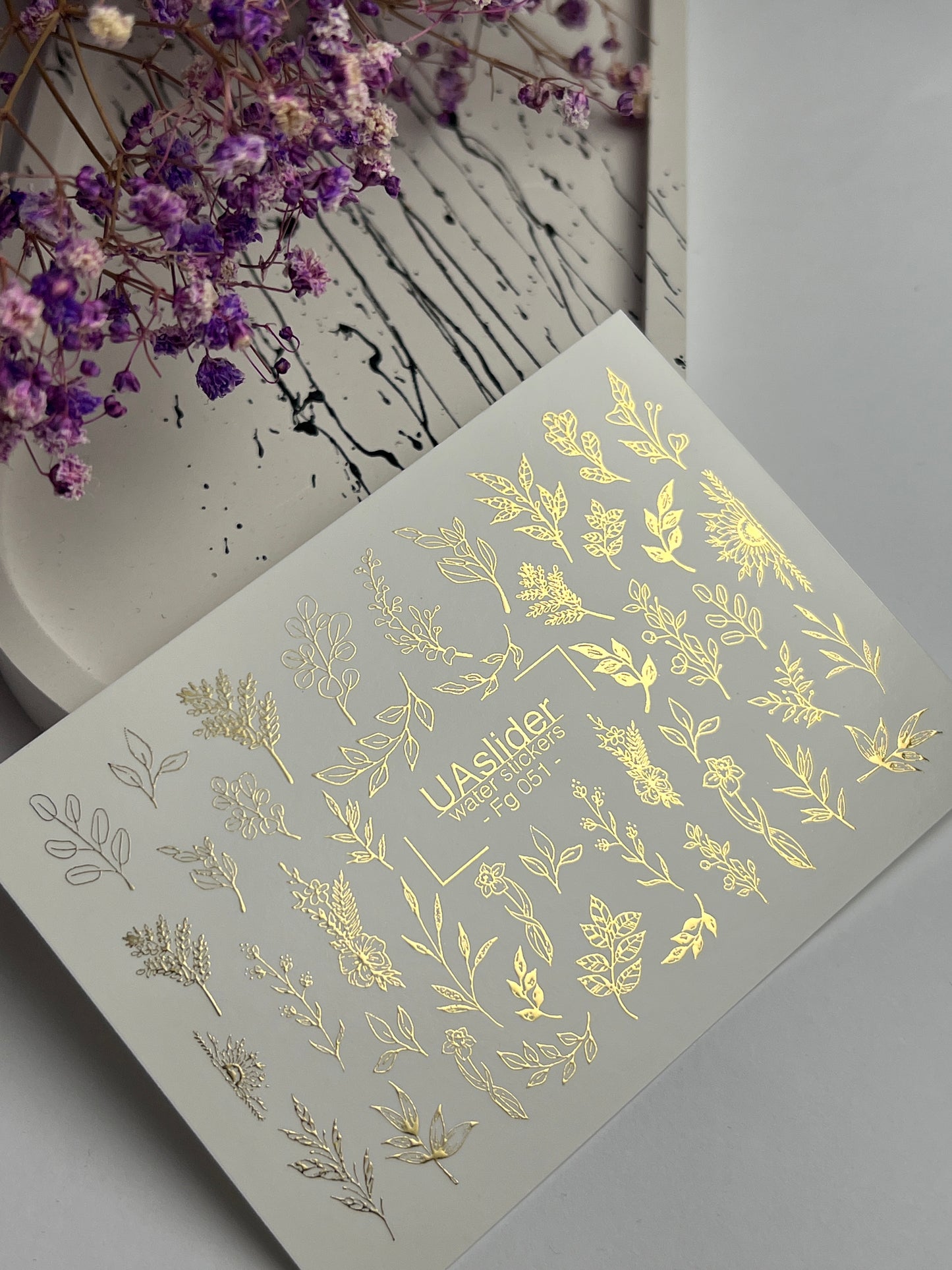 Nail Water Decal Fg-051 | Water Slide Nail Decals Gold Botanical | Floral Branches and Leaves Nail Art