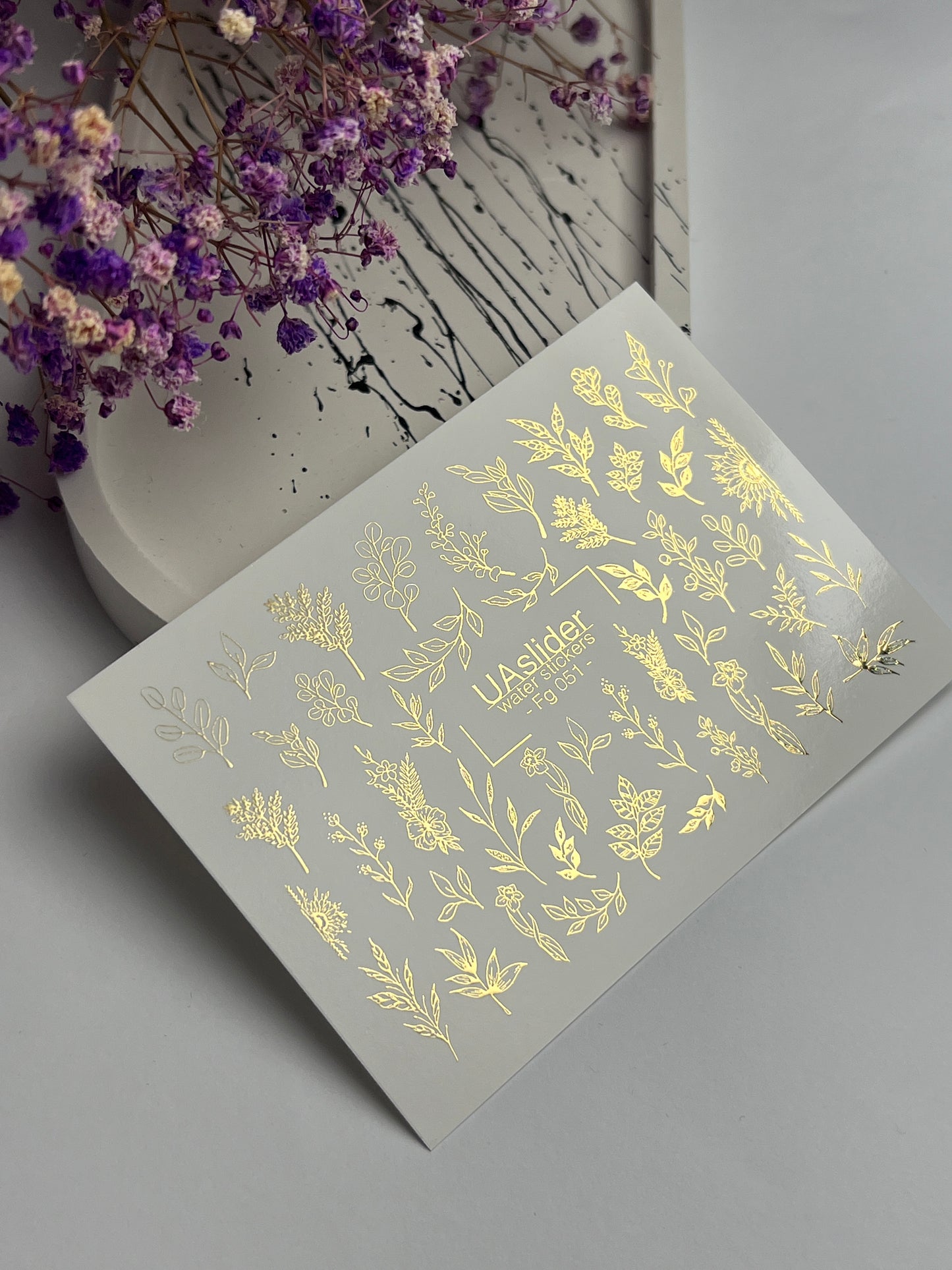 Nail Water Decal Fg-051 | Water Slide Nail Decals Gold Botanical | Floral Branches and Leaves Nail Art