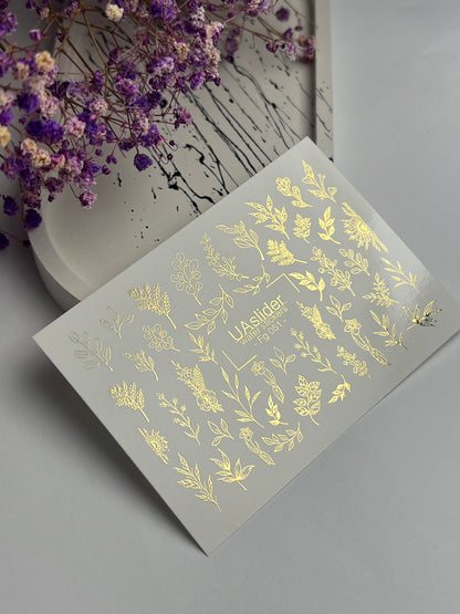 Nail Water Decal Fg-051 | Water Slide Nail Decals Gold Botanical | Floral Branches and Leaves Nail Art