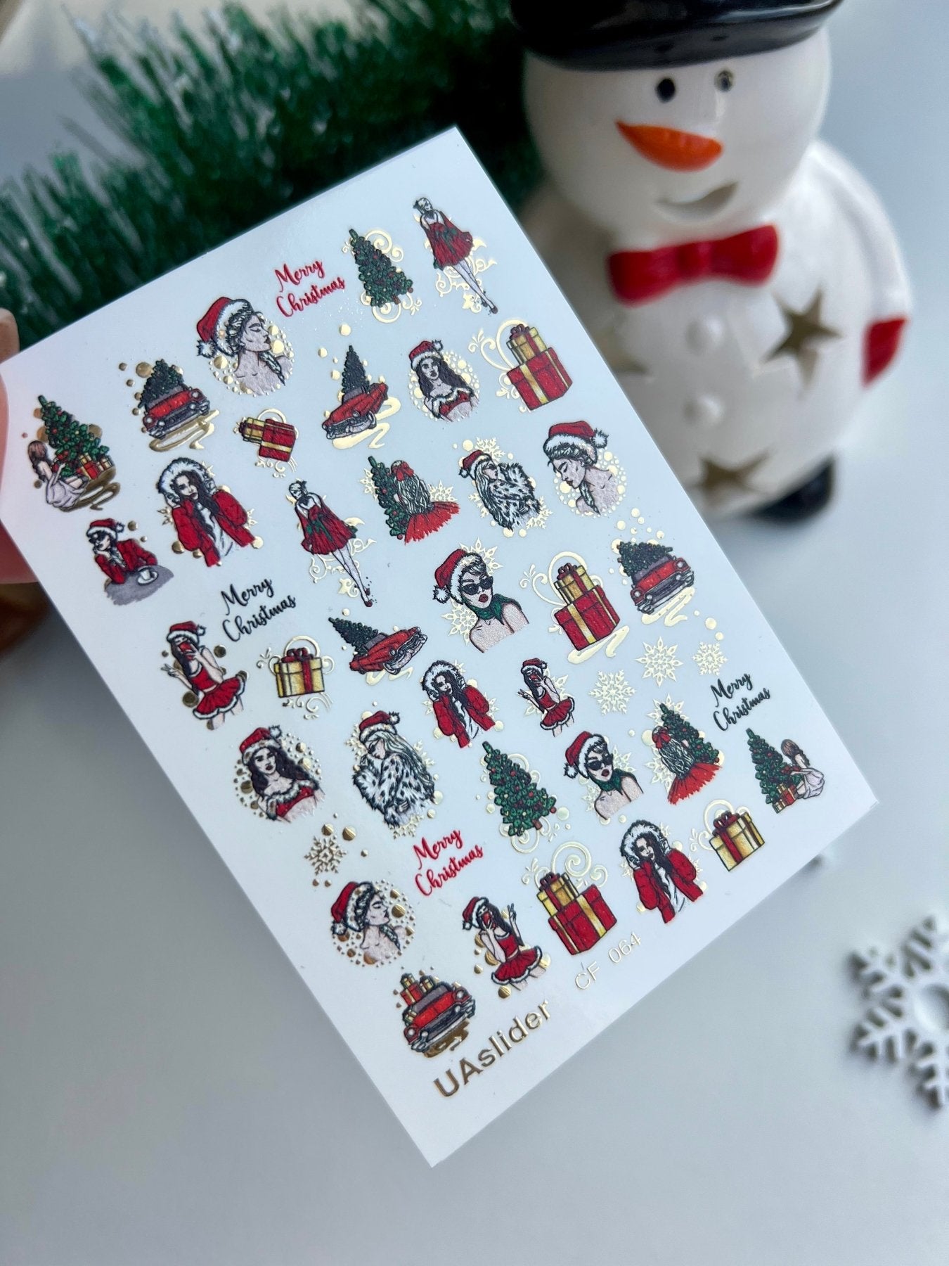 Nail Water Decal CF-064 | Christmas Nail Water Decals | Retro Girl, Santa Hat, Gifts and Holiday Tree - UASLIDER