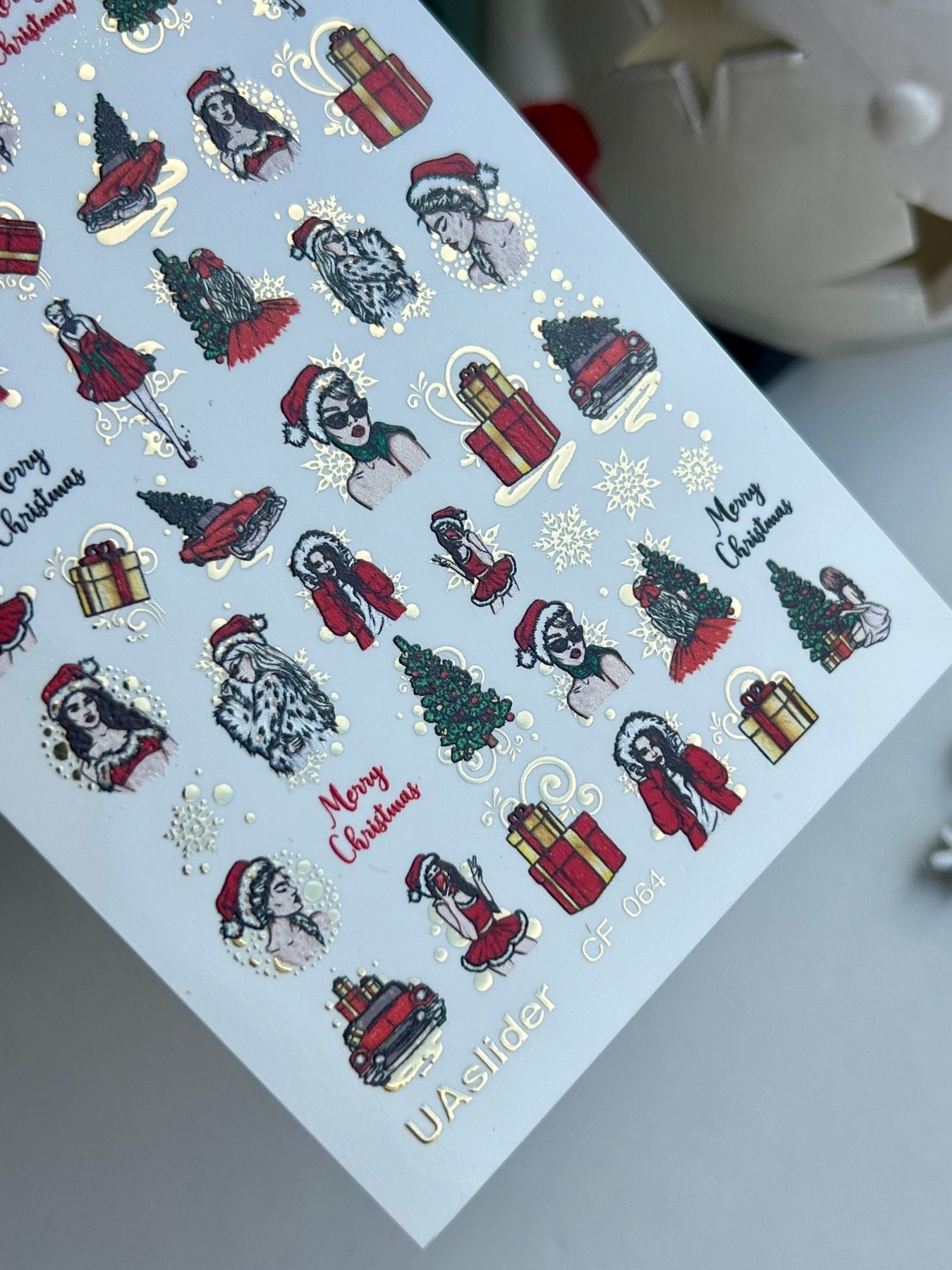 Nail Water Decal CF-064 | Christmas Nail Water Decals | Retro Girl, Santa Hat, Gifts and Holiday Tree - UASLIDER